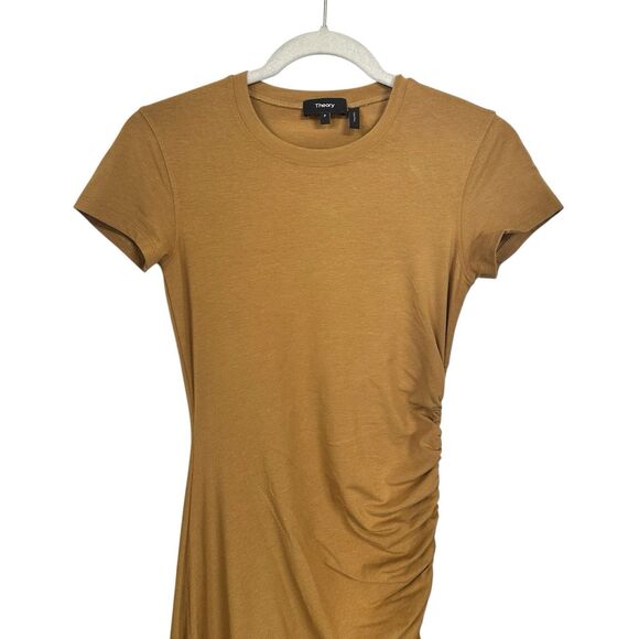 Theory Womens Sz P (XS) Shirred Tee Dress Stretch Cotton Blend Sahara Yellow - Picture 2 of 8